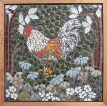 wall art in mosaic featuring a chicken and flowers