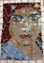 A lady in a pink veilLady with a pink veil mosaic 15cm by 20 cm on marine ply using ceramic and glass tiles, millfori and old jewellery
